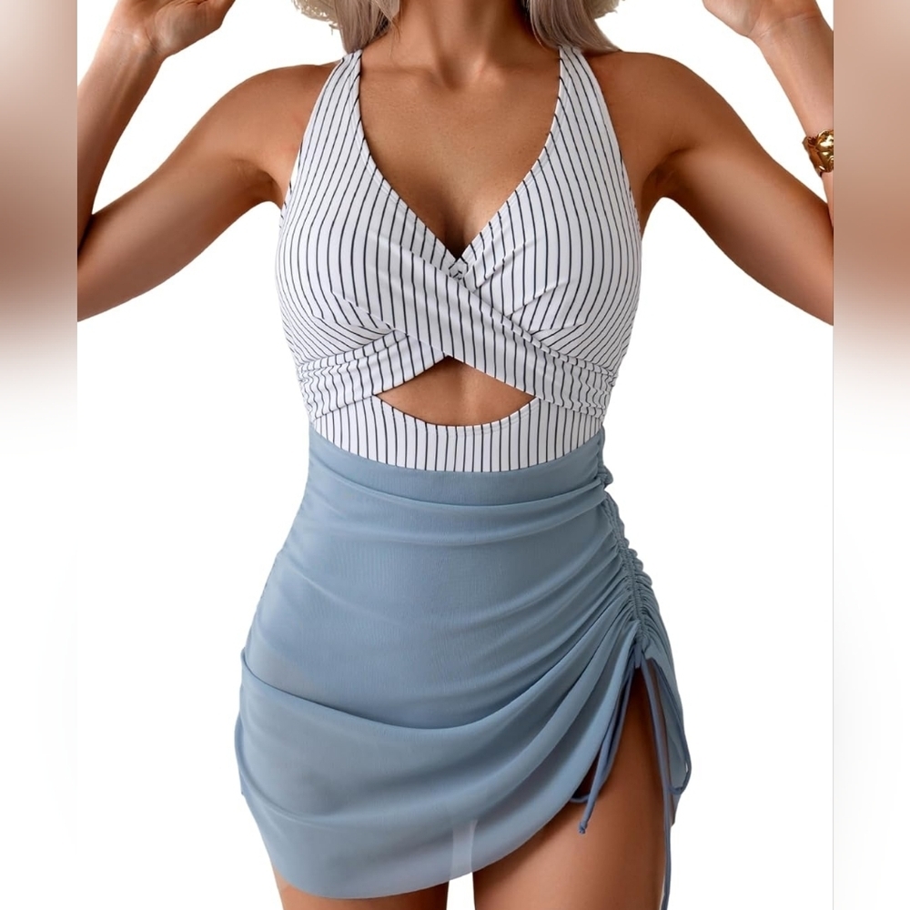 B2 PRITY  New Striped Halter Swimsuit with Blue Skirt size M